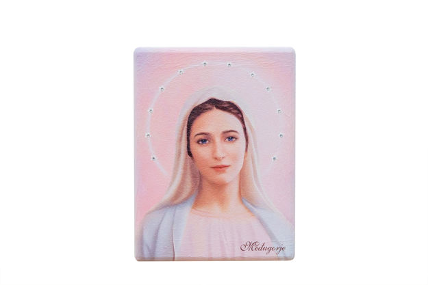 Picture of OUR LADY OF MEDJUGORJE, ICON ON WOOD WITH SWAROVSKI CRYSTALS - pink ( 200x150)